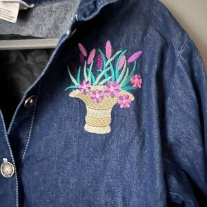 Hot Cotton Blue Denim Jacket with Floral Embroidery